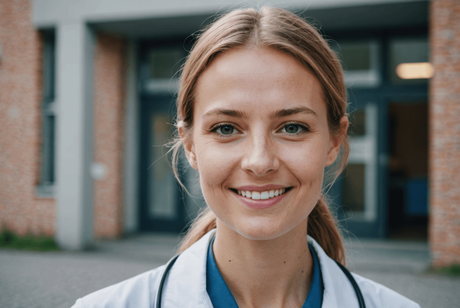 Ärztin vor Klinikgebäude als Symbol für das Gesundheitssystem in Estland