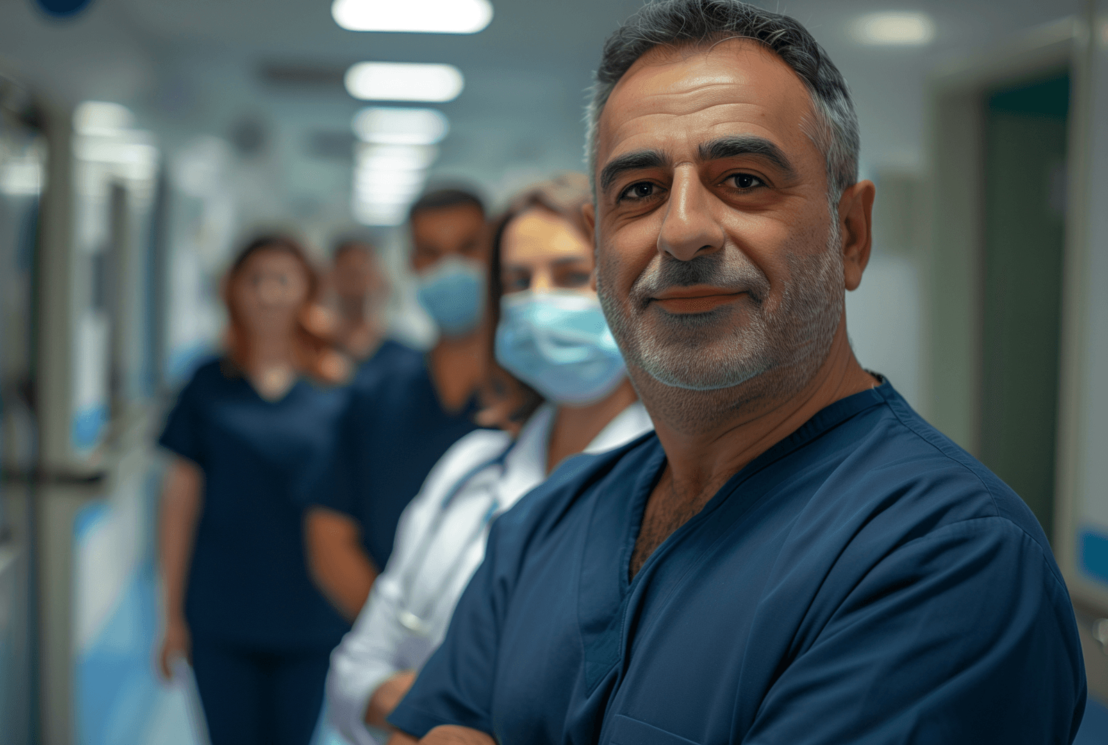 Medizinisches Team in einem Krankenhausflur, vorne ein Mann in blauer Arbeitskleidung