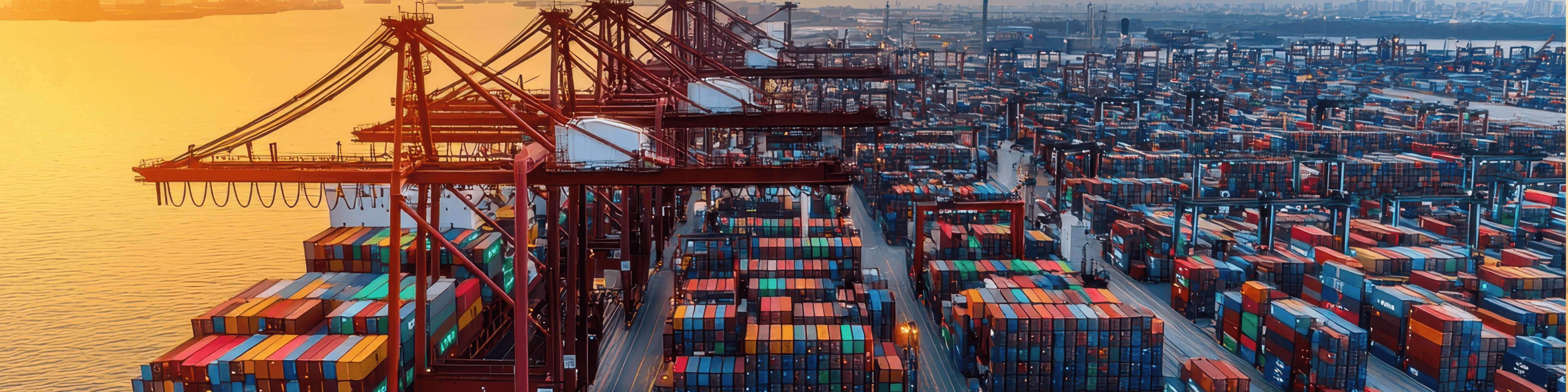 Luftaufnahme eines großen Containerterminals mit vielen Containern unterschiedlicher Größen, die auf Schiffe verladen werden.