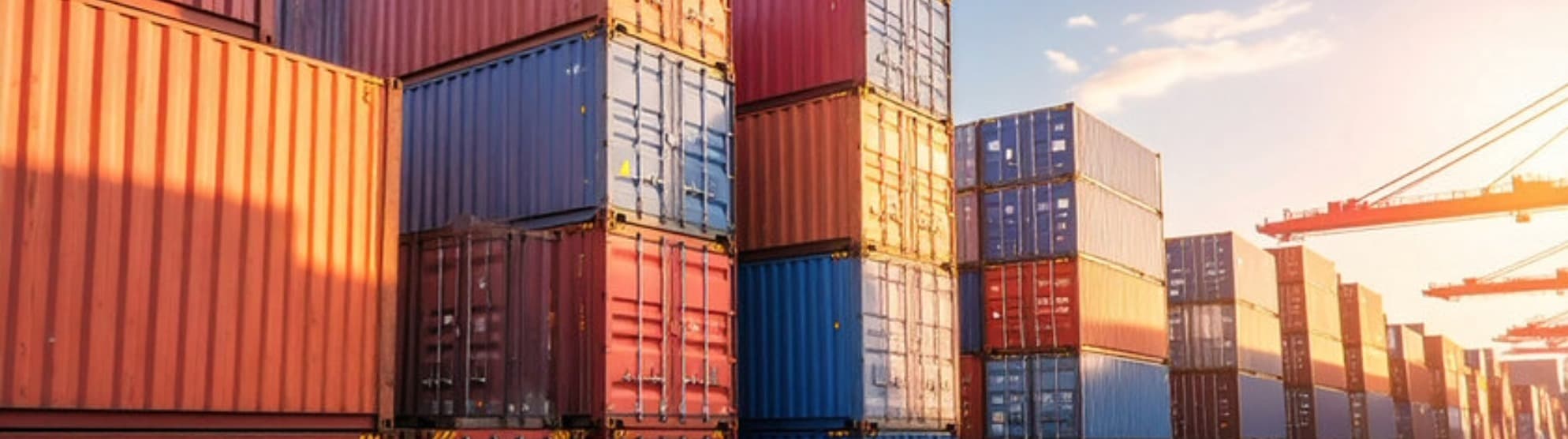 Gestapelte Frachtcontainer im Hafen bei Sonnenuntergang mit Containerbrücken im Hintergrund