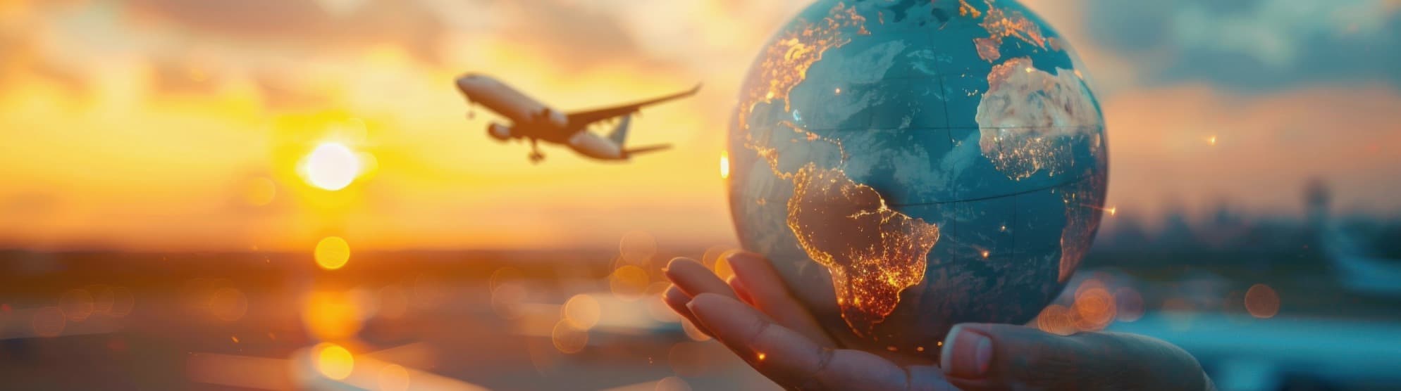 Flugzeug und leuchtende Weltkugel im Sonnenuntergang – Symbolbild für die beliebtesten Auswanderziele