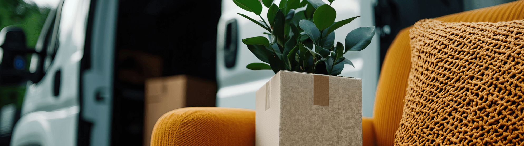 A packed moving box with a plant and an armchair in front of an open delivery van for end customer delivery.