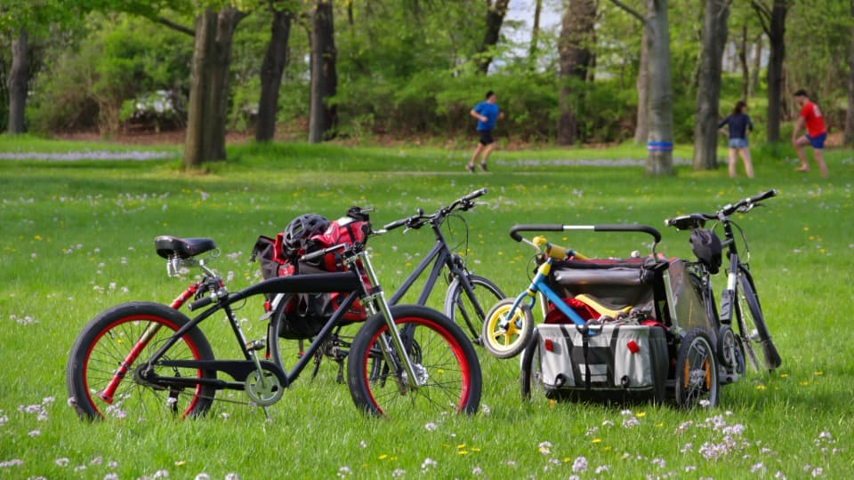 Mehrere Fahrräder einer Familie, darunter ein Kinderfahrrad und ein Fahrradanhänger auf einer Wiese, organisiert für den sicheren Familienumzug mit DACHSER & KOLB.