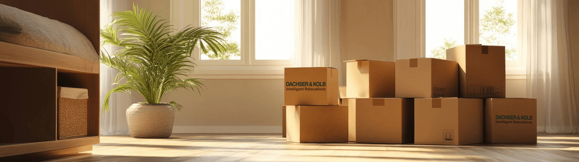 Moving boxes in a bright room – symbolic image for frequently asked questions about moving (FAQ)