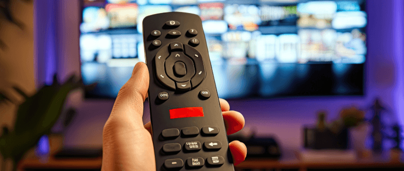 Hand with remote control in front of television.