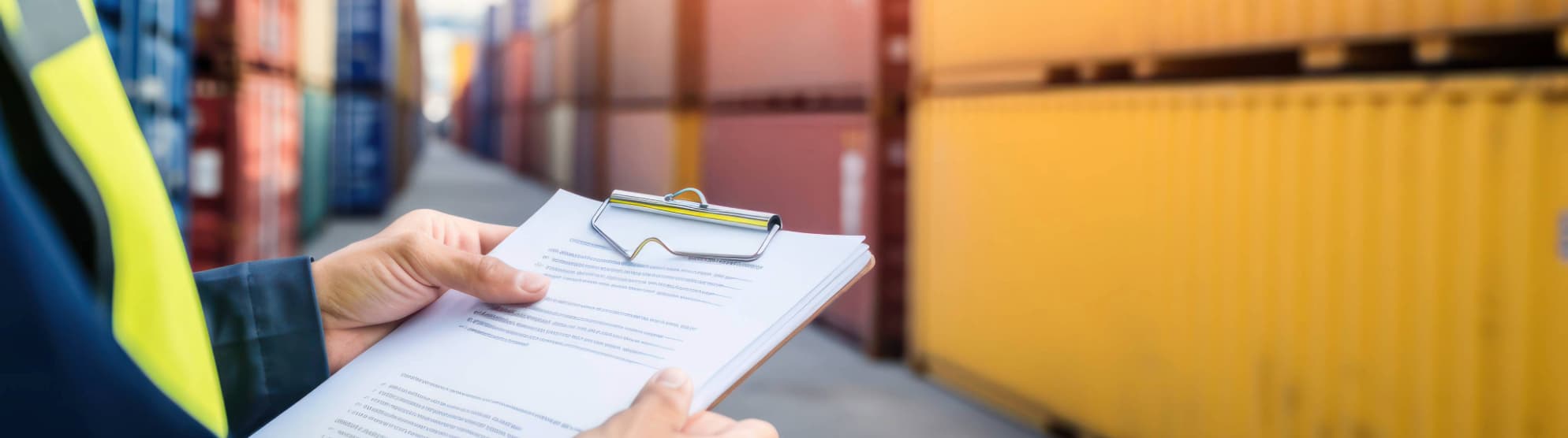 LKW-Fahrer mit Frachtbrief (Bill of Lading) prüft Container im Hafen. Logistik und Transport.