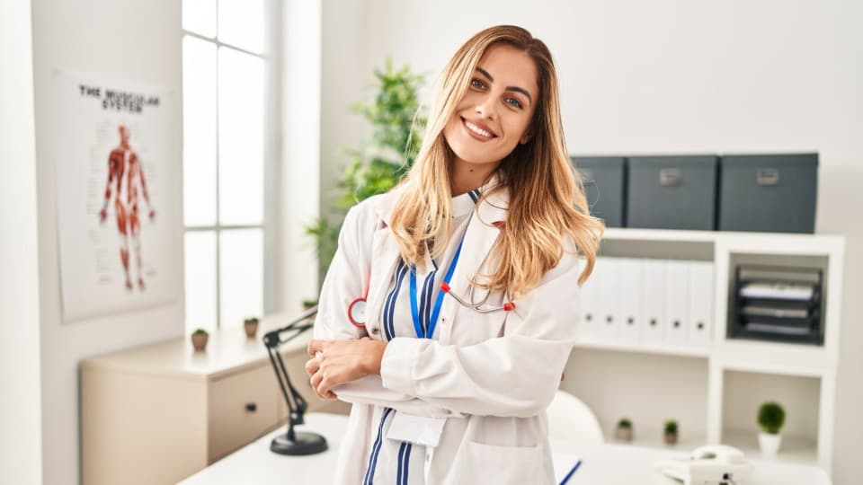 Eine junge, kompetente Ärztin in einer modern ausgestatteten Klinik in Riga – Sinnbild für den lettischen Gesundheits- und Life-Science-Sektor.