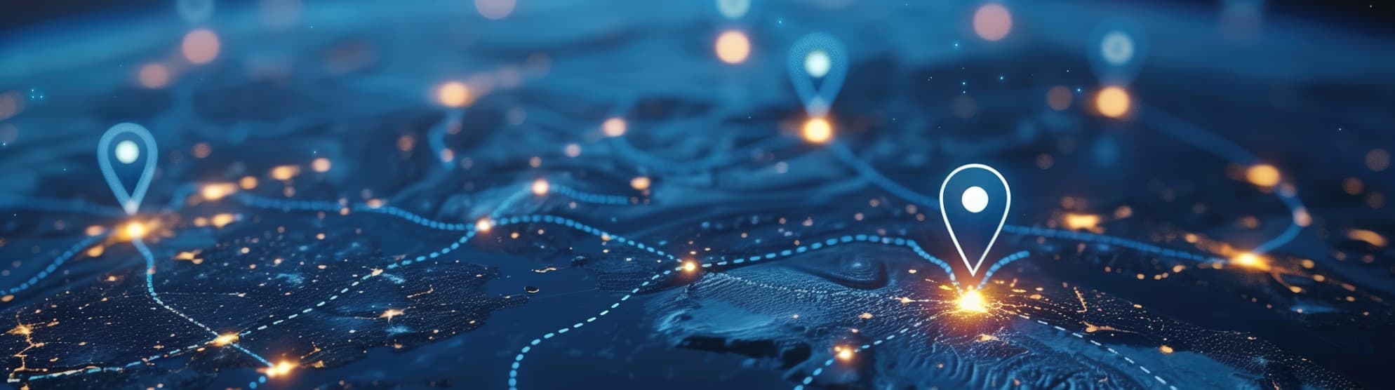 Eine stilisierte, digitale Weltkarte mit leuchtenden Standort-Pins zur Darstellung des globalen Logistik-Netzwerks von DACHSER & KOLB.
