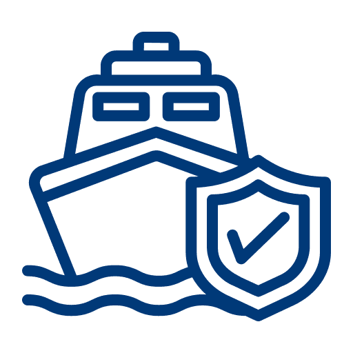 Icon: Schiff mit Prüfschild – individuell zugeschnittene Transportversicherung ermitteln