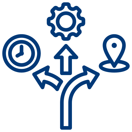 Icon mit Pfeilen, Uhr, Zahnrad und Standortmarkierung als Symbol für Flexibilität