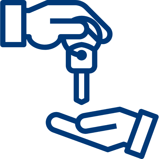 Icon einer Schlüsselübergabe von einer Hand zur anderen – Symbol für Wohnungsübergabe.