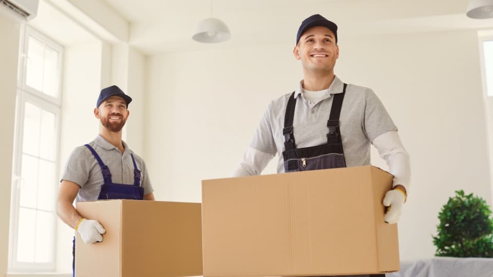 Zwei professionelle Umzugshelfer von DACHSER & KOLB beim Kleintransport mit Umzugskartons im Zwei-Mann-Handling.