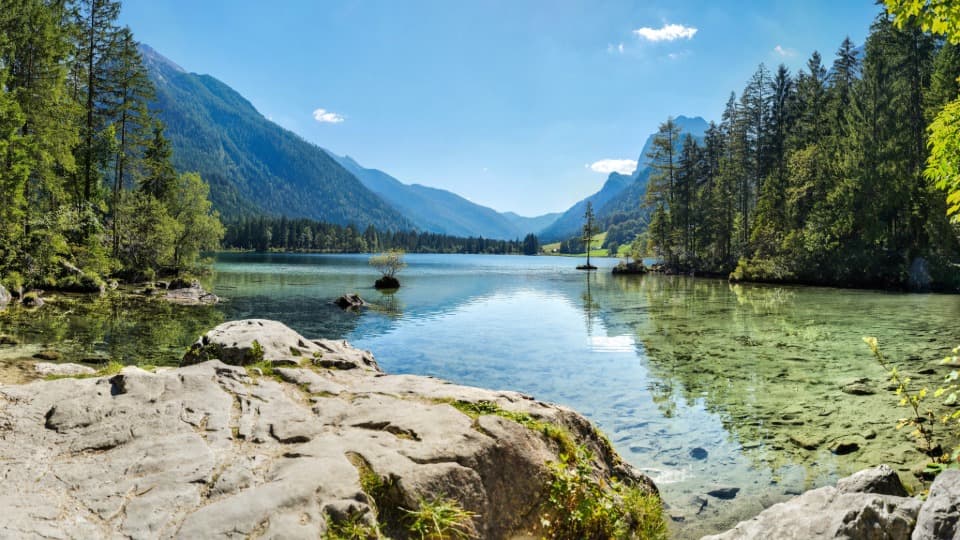Klares Gewässer in Norwegen, umrandet mit Wäldern, und Bergen im Hintergrund