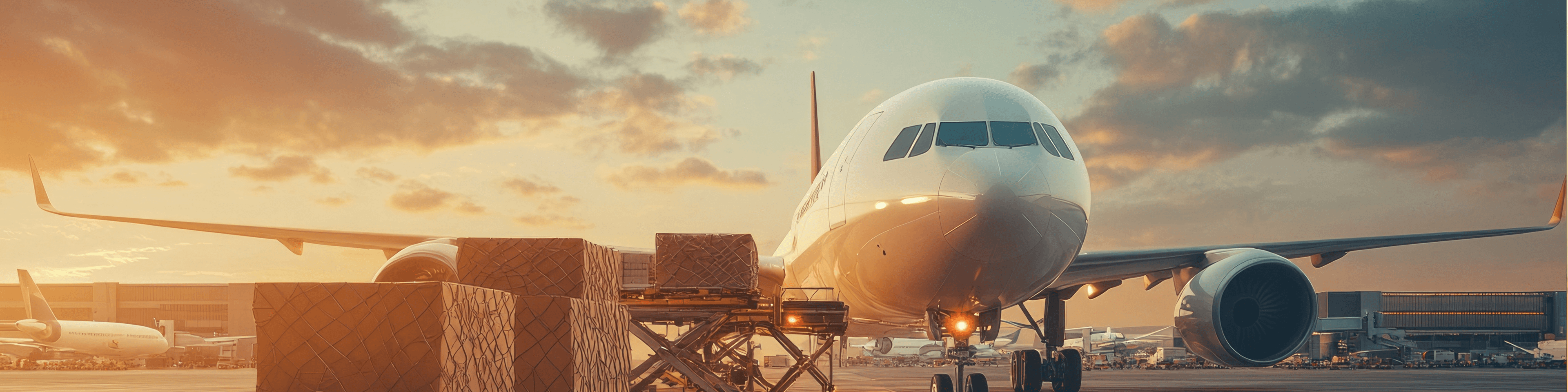 Frachtflugzeug wird bei Sonnenuntergang mit Holzkisten für die Luftfracht beladen. Flughafenlogistik und globaler Versand.