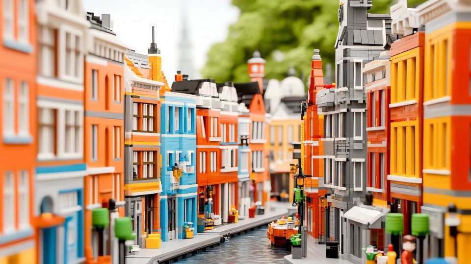 Eine modulare Stadtzeile mit bunten Häusern und Gracht aus Klemmbausteinen als Ausstellungsmodell vor dem Umzug mit DACHSER & KOLB.