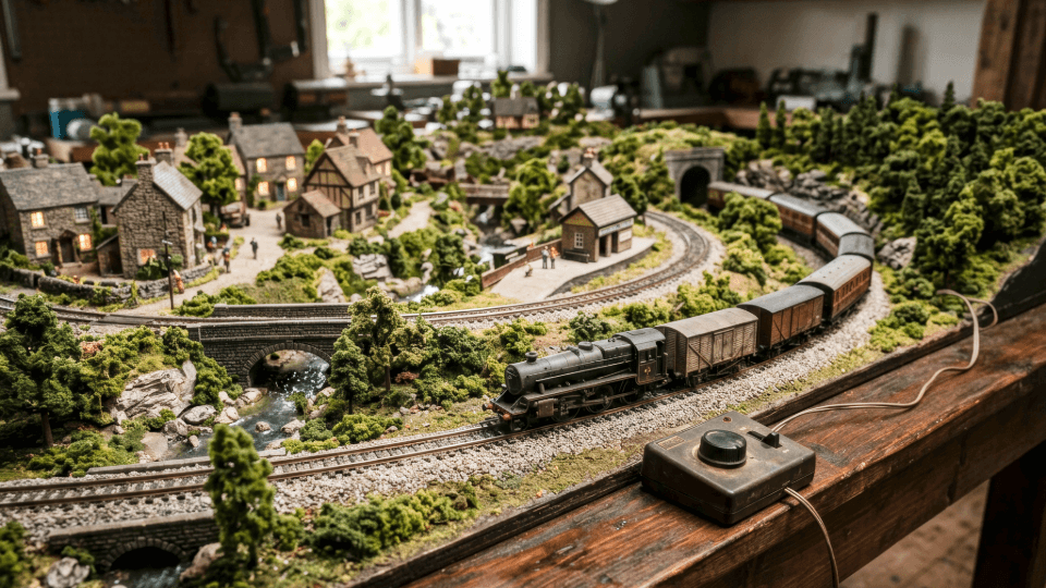 Eine große, detailliert bebaute Modelleisenbahn-Anlagenplatte auf einem Holzunterbau vor der Transportprüfung für den Umzug mit DACHSER & KOLB.