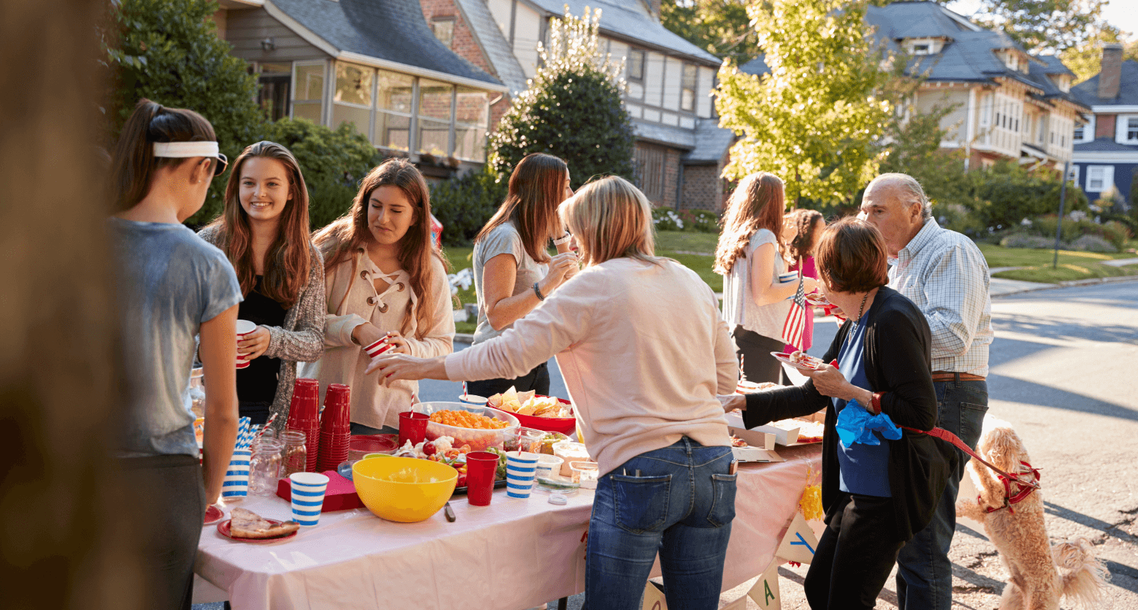 Neighborhood street party with a table full of food and friendly neighbors. Getting to know the neighborhood after moving.