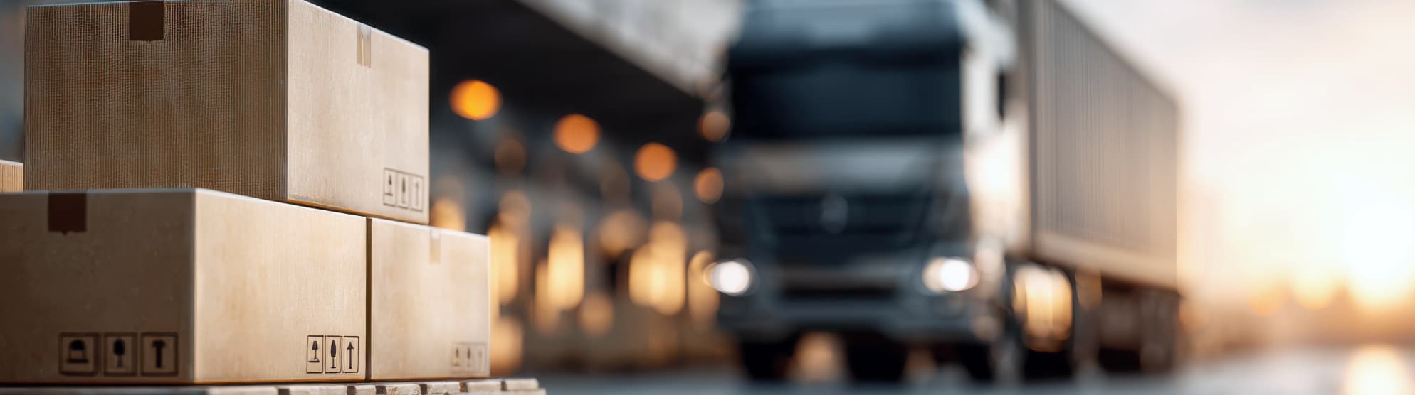 Versandkartons vor LKW bei Sonnenaufgang – symbolisch für Proof of Delivery (POD) im Logistikprozess