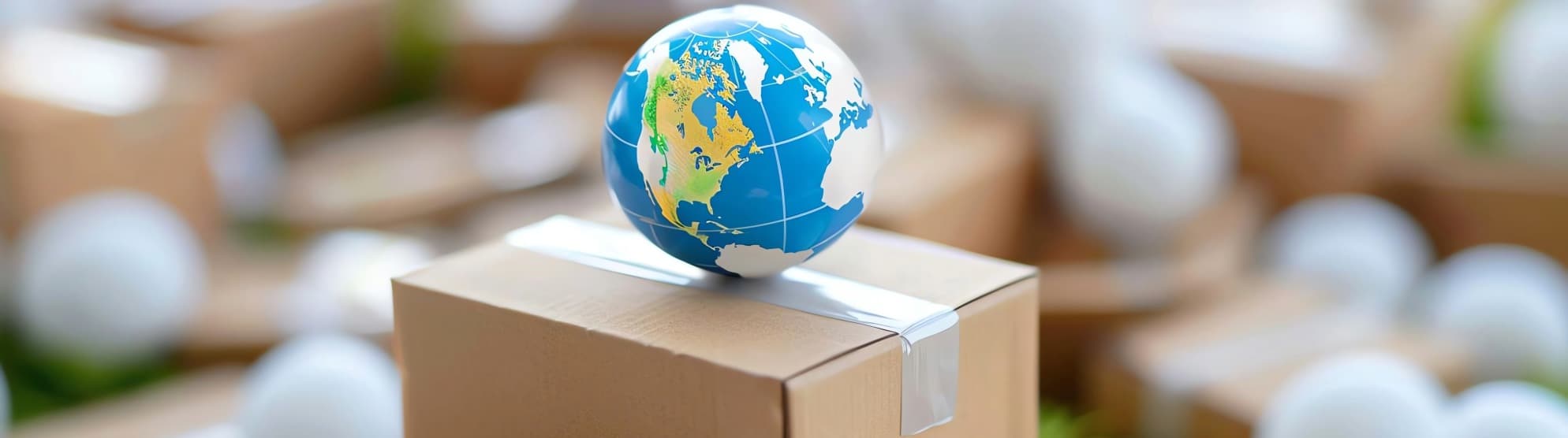 Relocation Service für Expats von DACHSER und KOLB – Ein kleiner Globus steht auf einem verschlossenen Umzugskarton für den weltweiten Auslandsumzug.