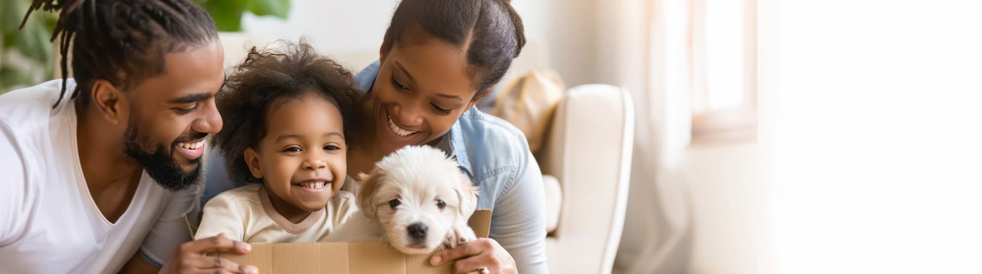 Familie mit Kind und kleinem Hund in Umzugskarton zu Hause als Symbolbild für Tierumzug