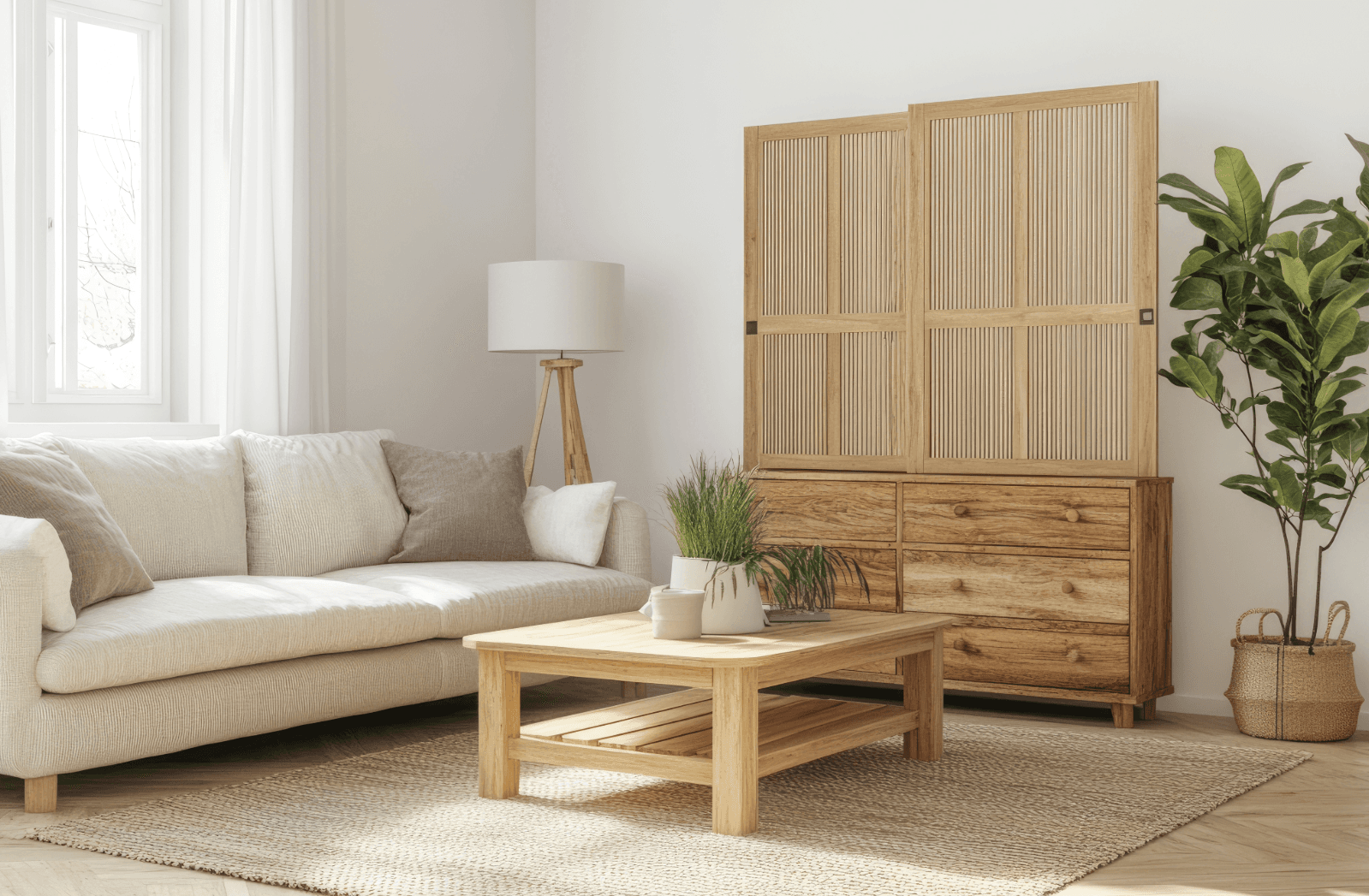 Bright, space-saving living room – example of interior after moving into a smaller apartment.