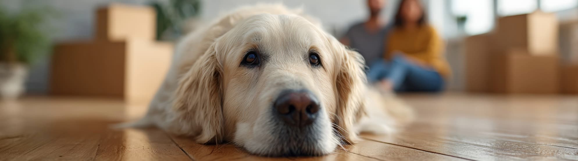 Hund liegt zwischen Umzugskartons – Symbol für einen stressfreien Umzug mit Tieren.
