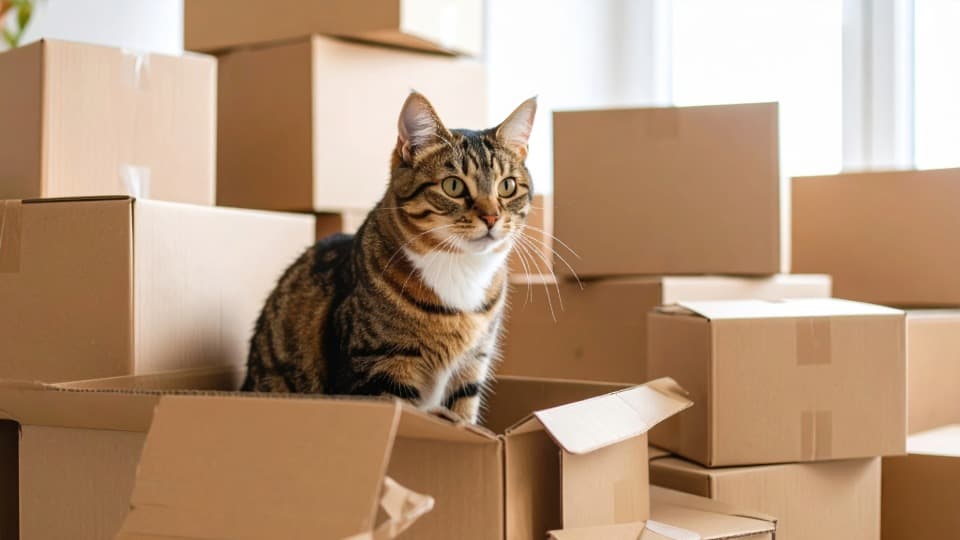 Eine Katze sitzt in einem Karton, umgeben von weiteren Umzugskartons