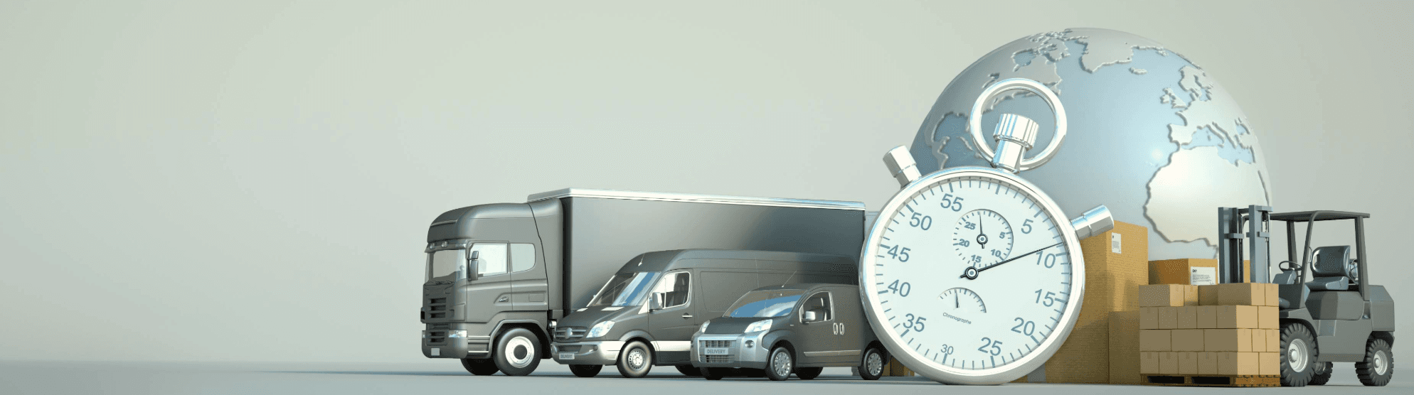 Verschiedene Transportfahrzeuge mit Globus und Stoppuhr symbolisieren genaue Estimated Time of Arrival (ETA) für Umzüge weltweit.