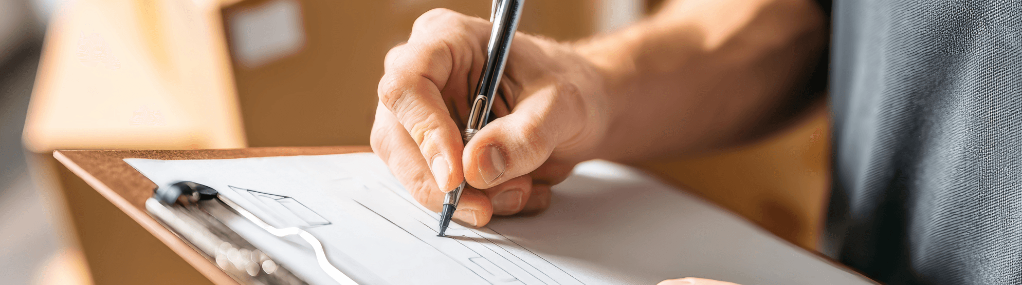 Person füllt eine Umzugsgutliste auf einem Klemmbrett aus – sorgfältige Dokumentation beim Umzug.