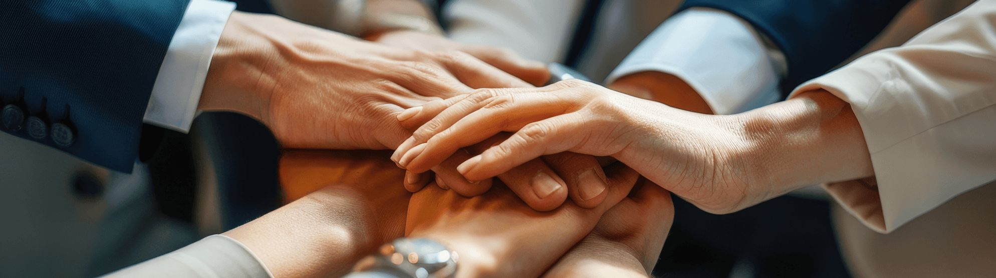 Multiple hands stacked as a symbol of positive company culture and teamwork.