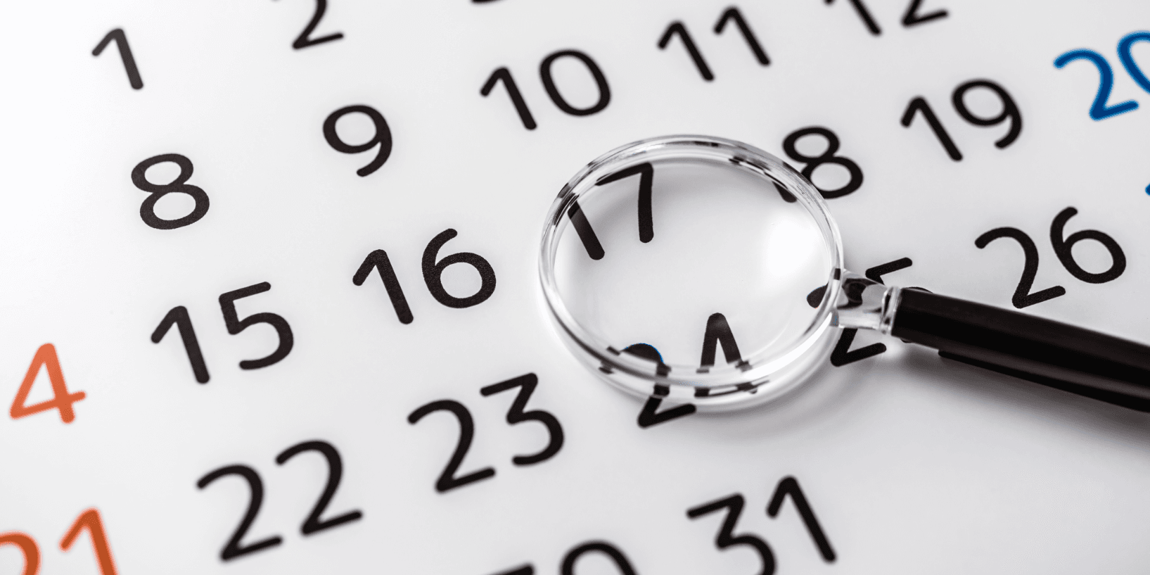 Kalender mit Lupe, Fokus auf Kündigungsfrist bei Wohnungsauflösung, wichtiges Datum bei Wohnung kündigen