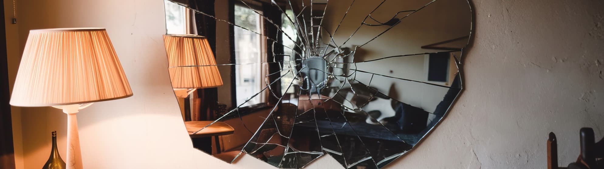 Zerbrochener Wandspiegel im Wohnzimmer neben Tischlampe als Beispiel für Transportschaden