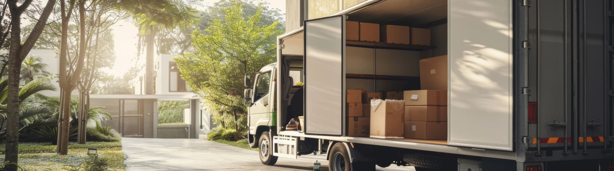 Umzugs-Lkw mit Kartons vor Einfahrt zum Haus – kurzer Abtrageweg vom Truck zum Eingang.