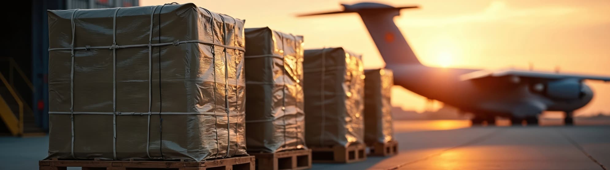 Frachtpaletten am Flughafen vor Transportflugzeug bei Sonnenuntergang – Air Chargeable Weight in der Luftfracht