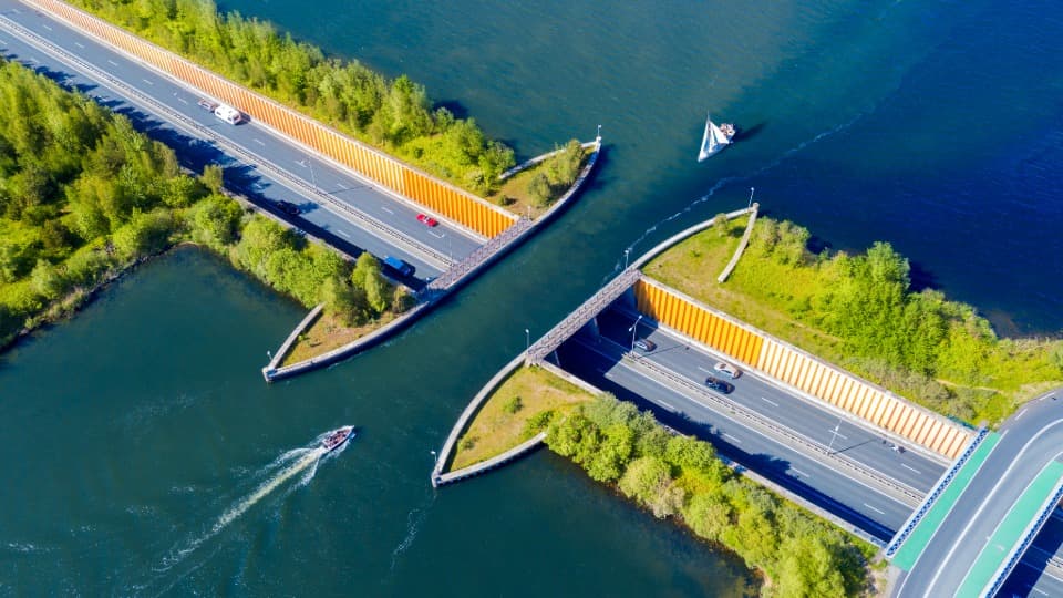 Luftaufnahme einer Straßenunterführung unter Wasserwegen in den Niederlanden