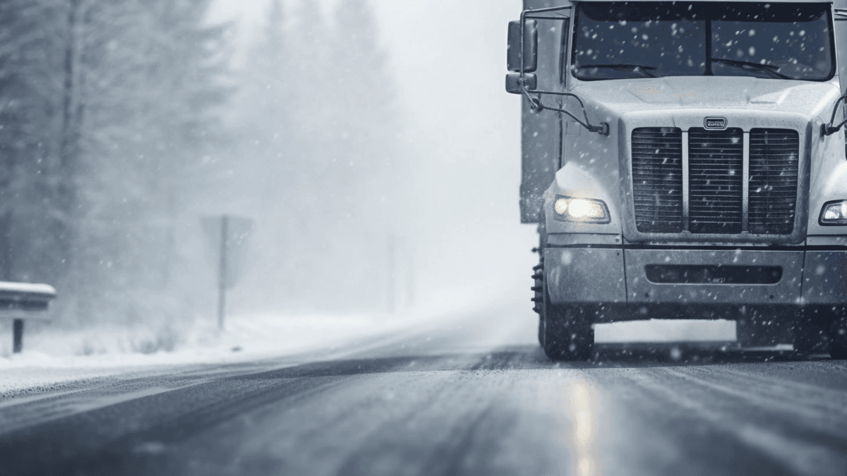Moving truck driving through snowfall on winter road – winter relocation in challenging weather conditions