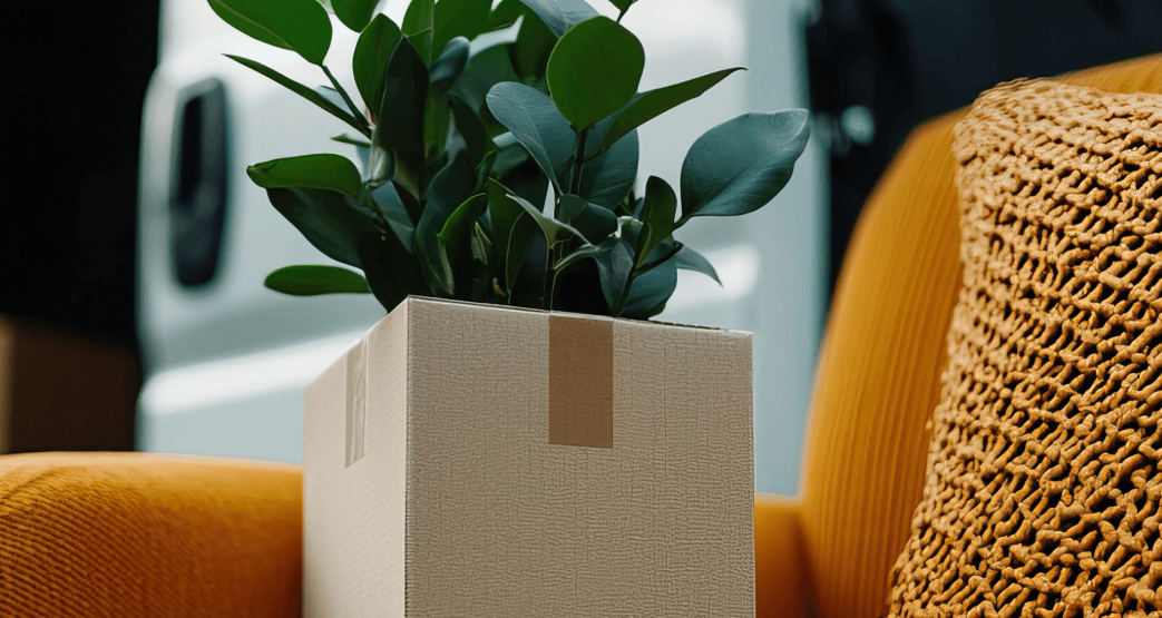 A packed moving box with a plant and an armchair in front of an open delivery van for end customer delivery.