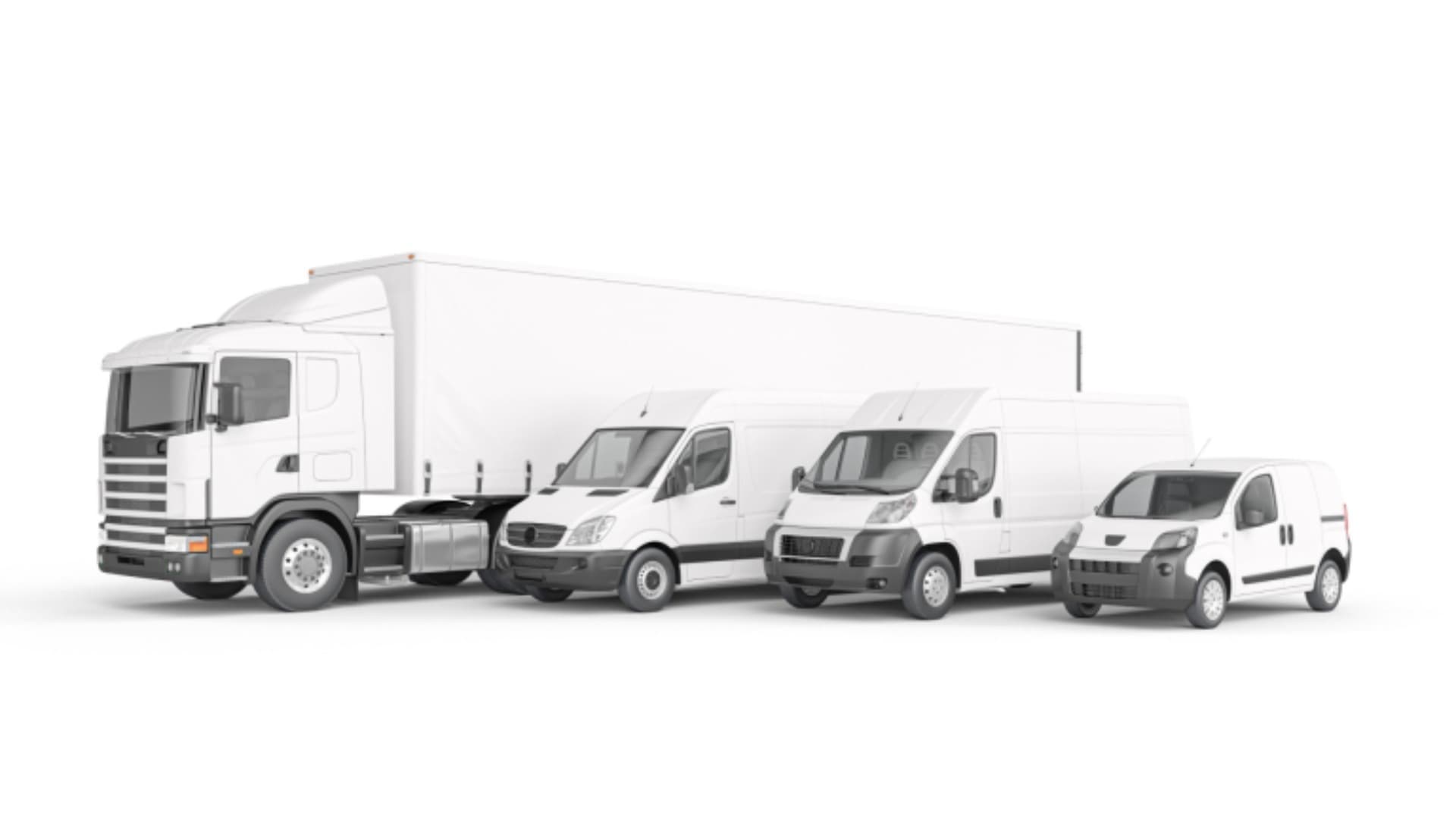 Verschiedene Lkw und Transporter nebeneinander als Übersicht passender Fahrzeugtypen für Umzüge