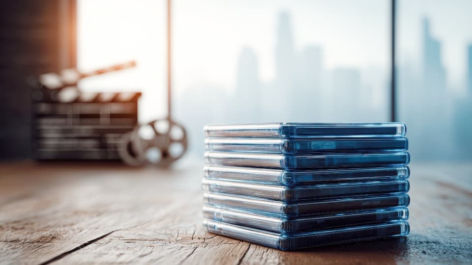 Ein Stapel blauer Blu-ray-Hüllen auf einem Holztisch neben einer Filmklappe als Symbol für eine Filmsammlung vor dem Umzug mit DACHSER & KOLB.