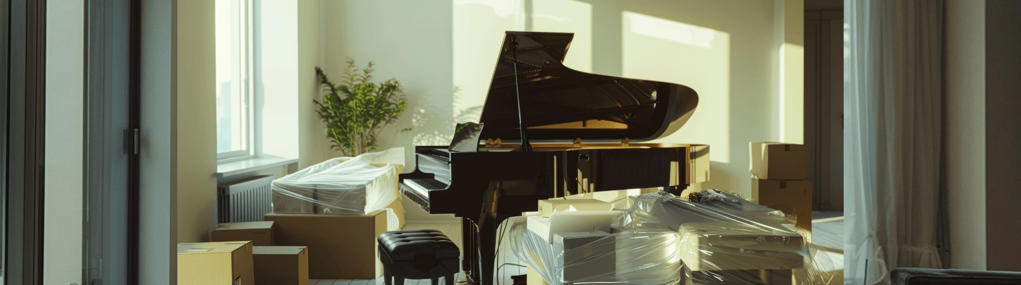 Secure piano transport & grand piano relocation – wrapped grand piano in bright apartment with moving boxes