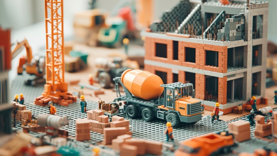 Eine detailreiche Baustelle aus Klemmbausteinen mit Kränen und Fahrzeugen als Symbol für die detaillierte Umzugsplanung mit DACHSER & KOLB.