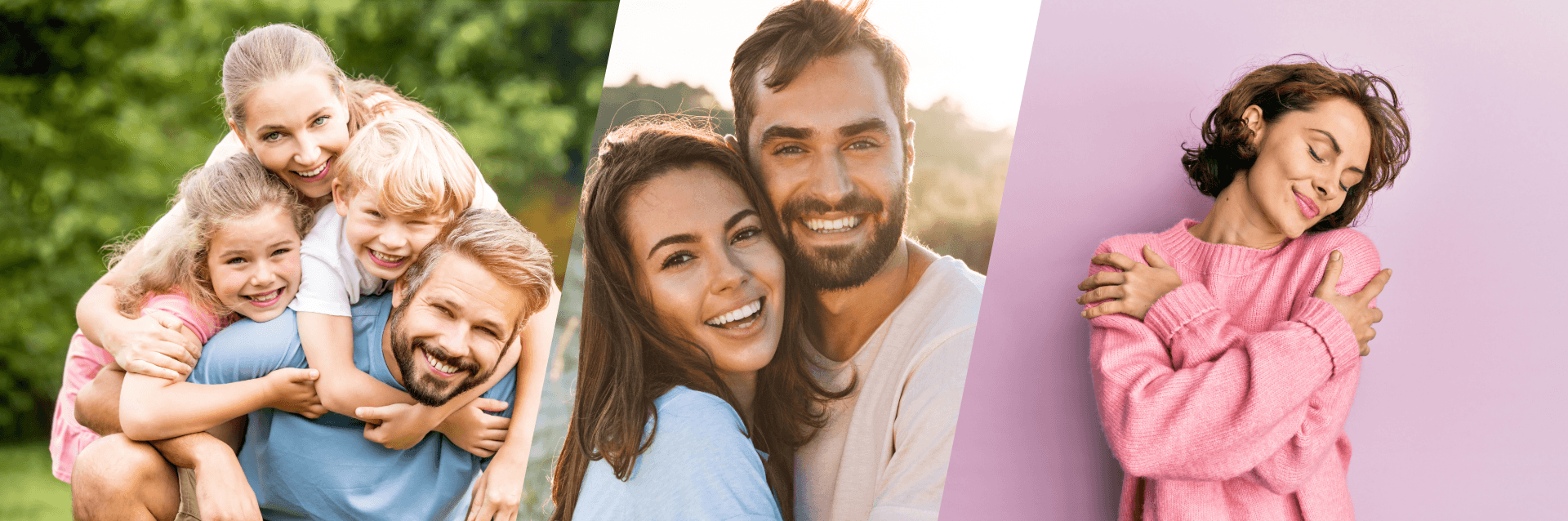 Three smiling group portraits: a family with children in the garden, a couple, and a woman hugging herself. Networks for people moving house.