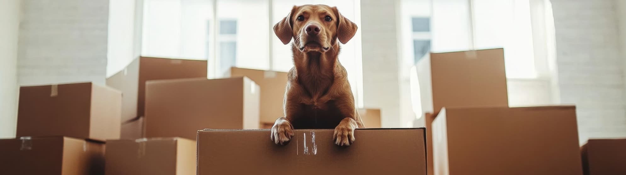 Hund zwischen Umzugskartons in Wohnung, schaut über Kartonrand als Symbolbild für Tierumzug