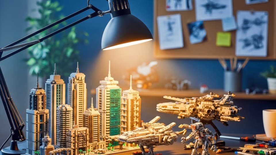 Eine detaillierte Stadtlandschaft und Raumschiffe aus Klemmbausteinen auf einem Schreibtisch unter einer Lampe – professioneller Transport von Sammlungen durch DACHSER & KOLB.