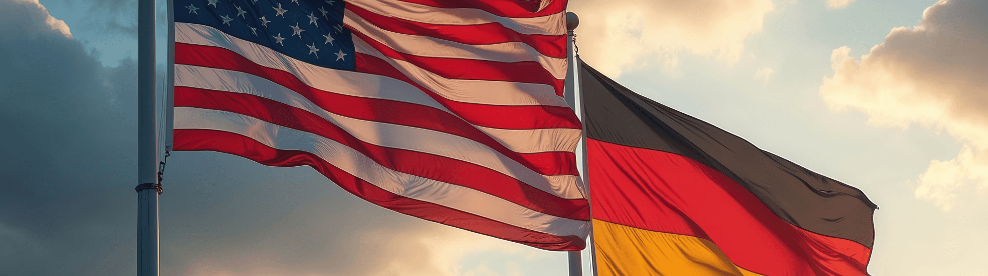 Amerikanische und deutsche Flagge wehen nebeneinander vor bewölktem Abendhimmel.